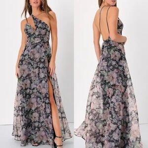 Lulu's Floral One-Shoulder Black and Pink Evening Gown